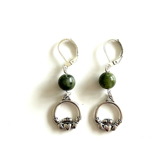 Silver Irish Claddagh and Connemara Marble Dangle Earrings