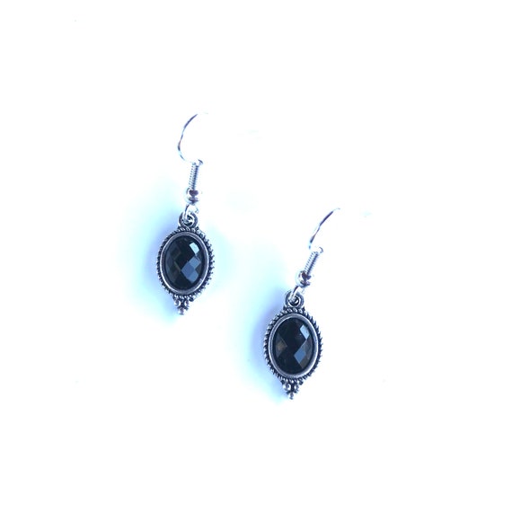 Faceted Black Glass Bezel Set Antique Silver Dangle Earrings