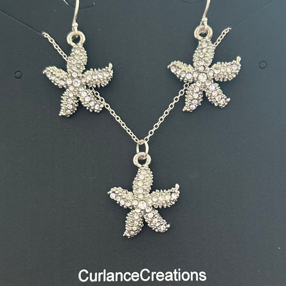 Silver Rhinestone Starfish Pendant and Dangle Earrings