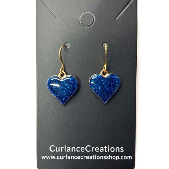 Blue Glitter Heart Dangle Earrings