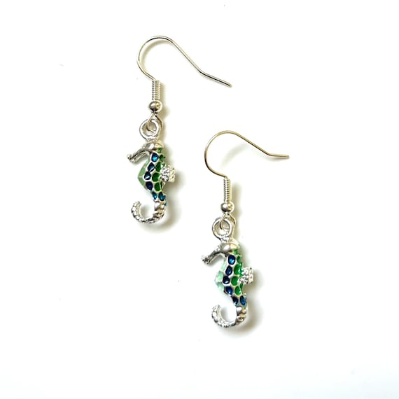 Enamel Seahorse Silver Dangle Earrings