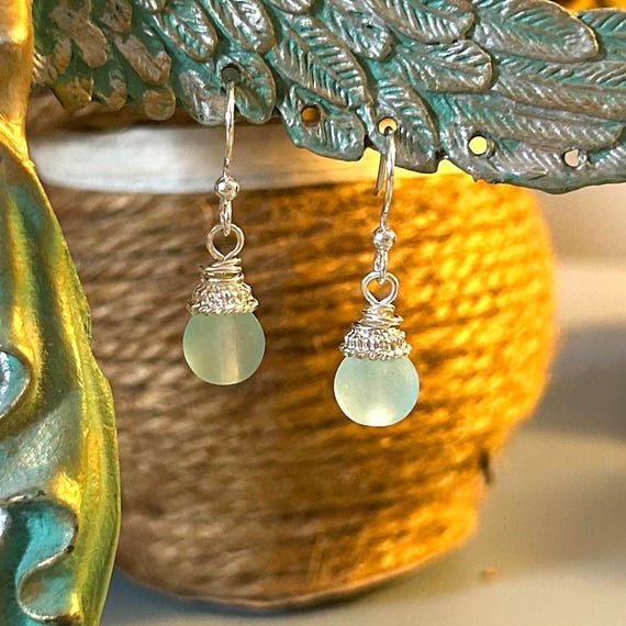 Light Blue Sea Glass and Silver Dangle Earrings