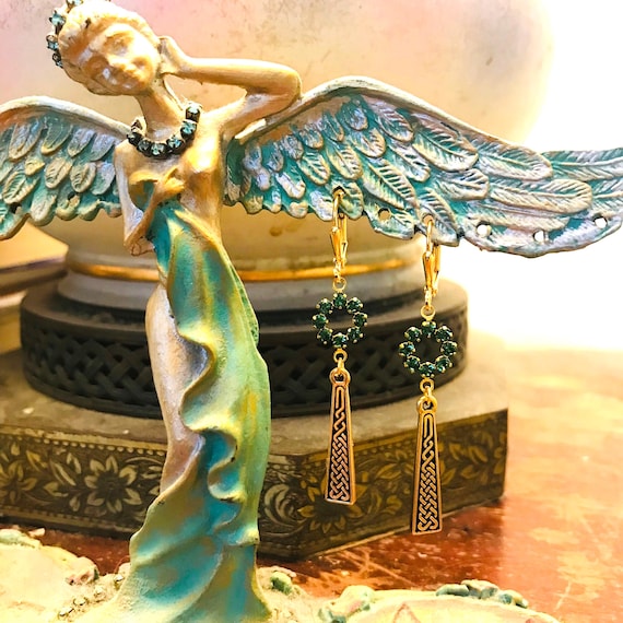 Gold Celtic Braid and Swarovski Crystal Dangle Earrings