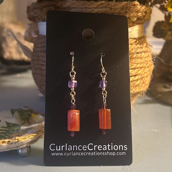 Carnelian, Amethyst, Garnet Trio Dangle Earrings