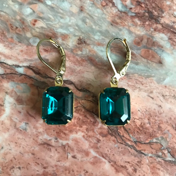 Blue Zircon Octagon Rhinestone Gold Dangle Earrings