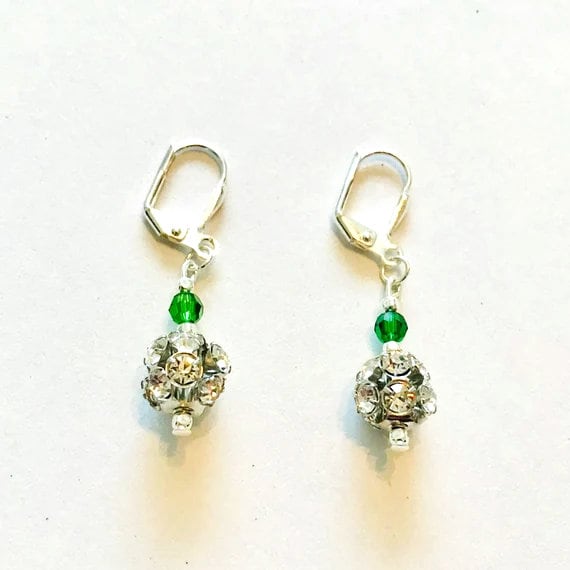 Silver Rhinestone Earrings with A Touch of Green Swarovski