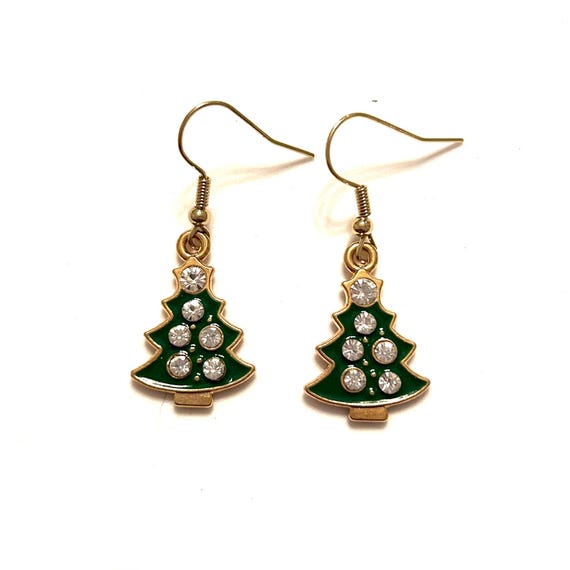 Christmas Tree Enamel and Rhinestone Dangle Earrings