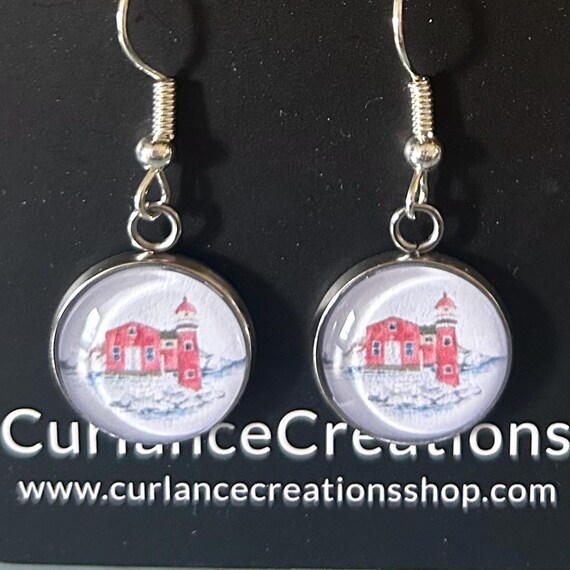Red Lighthouse Glass Cabochon Earrings