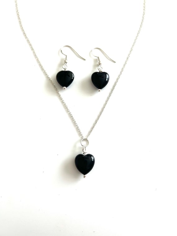 Black Onyx Heart Sterling Silver Necklace and Earring Set