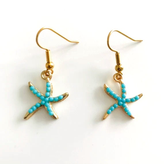 The Turquoise Blue Starfish Beach Dangle Earrings