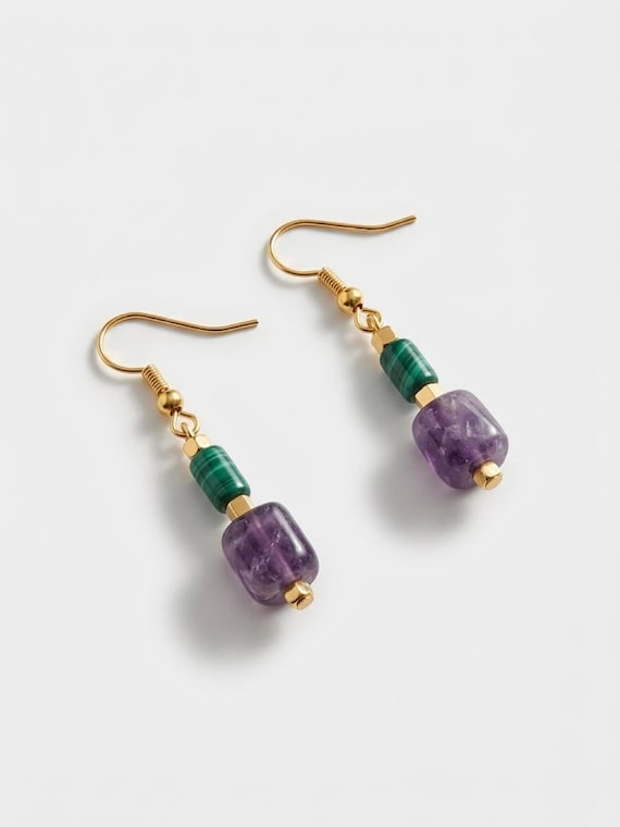 Amethyst and Green Moss Agate Barrel Earrings with Gold Hematite Accents