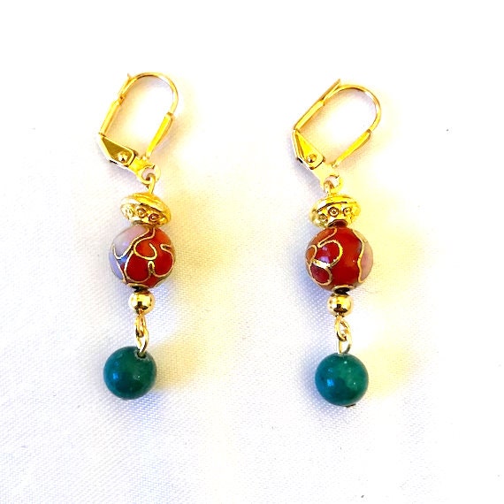 Dark Green Mountain Jade and Cloisonné Dangle Earrings