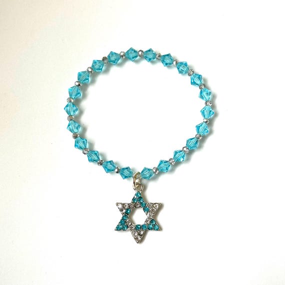 Aqua Blue Crystal Star of David Hanukkah Stretch Bracelet