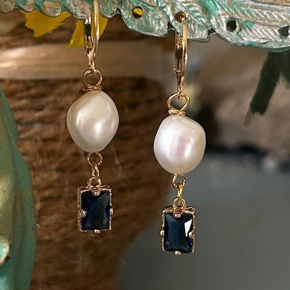 White Baroque Pear and Sapphire Blue Faceted Glass Dangle Earrings