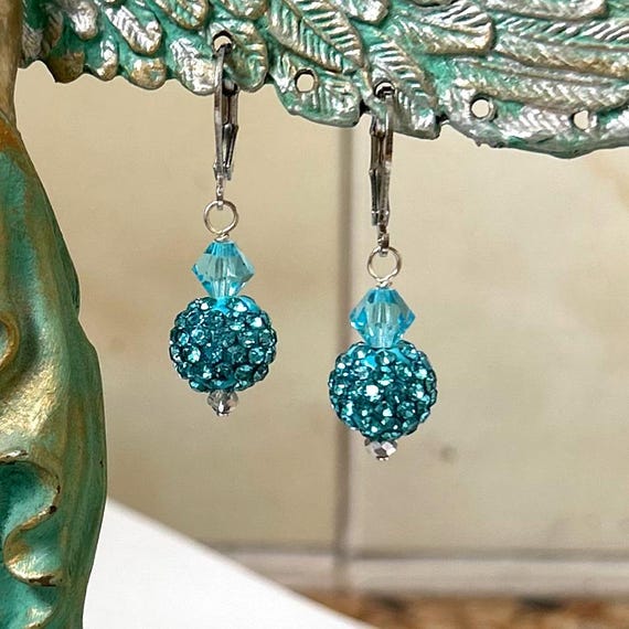 Aqua Blue Crystal Ball Rhinestone Dangle Earrings