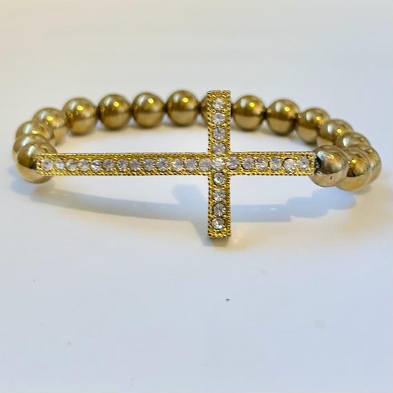 Gold Hematite Rhinestone Cross Bracelet