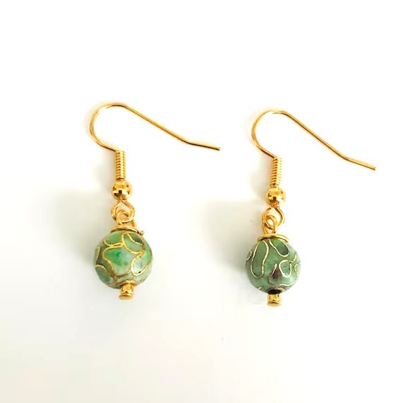 Green Cloissone Dangle Earrings