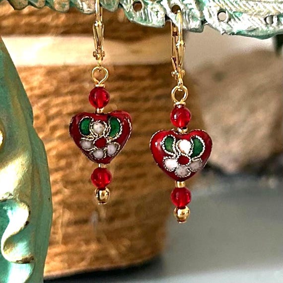 Romantic Red Cloisonné Heart Earrings