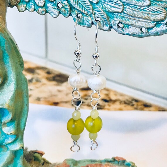 Freshwater Pearl and Prehnite Sterling Silver Dangle Earrings