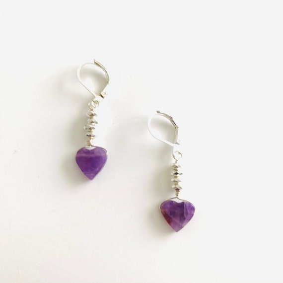 Amethyst Heart and Silver Hematite Dangle Earrings