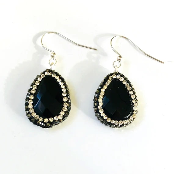 Black Agate and Druzy Crystal Dangle Earrings