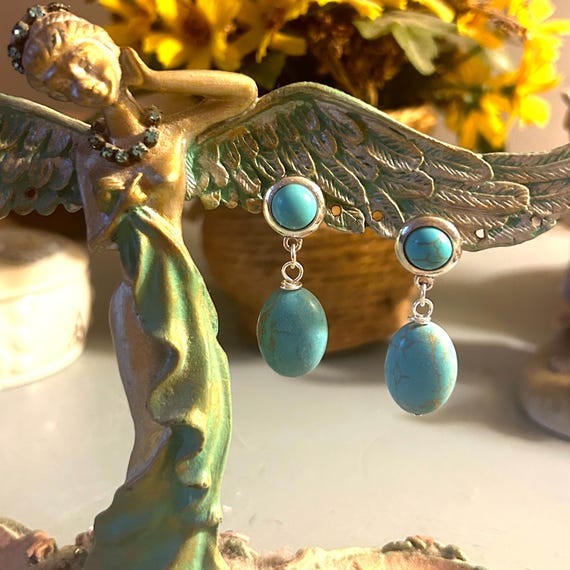 Silver Post Blue Magnesite Puffed Oval Dangle Earrings