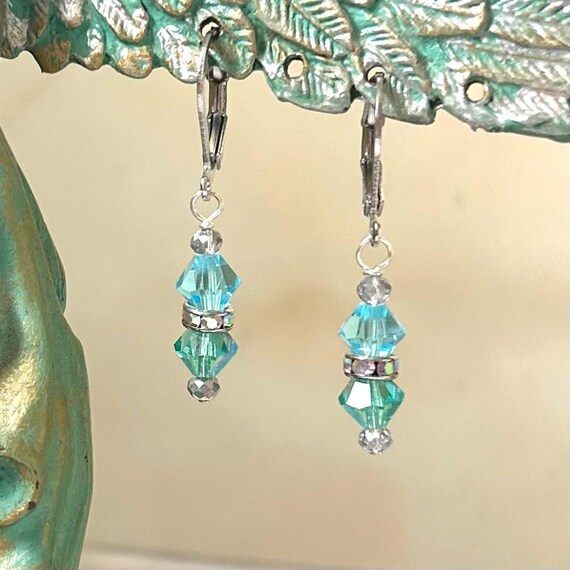 Aqua Blue AB Crystal and Rhinestone Dangle Earrings