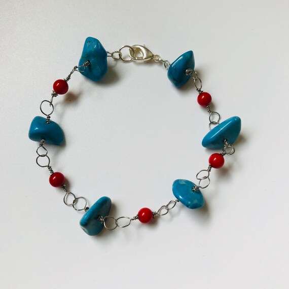 Blue Magnesite and Red Coral Bracelet
