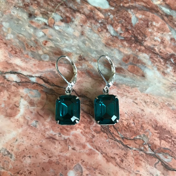 Blue Zircon Octagon Rhinestone Silver Dangle Earrings