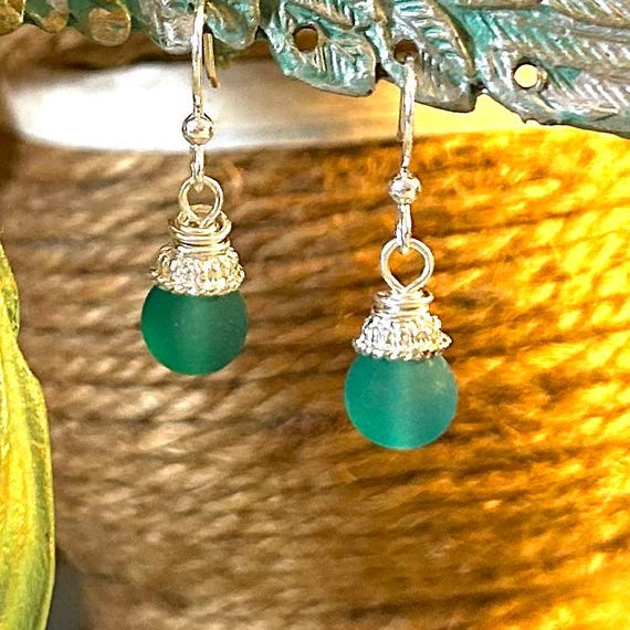 Aqua Blue Sea Glass and Silver Dangle Earrings