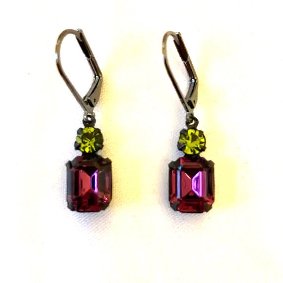 Amethyst and Olive Swarovski Rhinestone Dangle Earrings