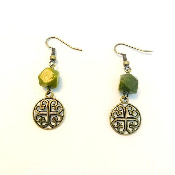 Brass Celtic Knot and Green Serpentine Glass Earrings