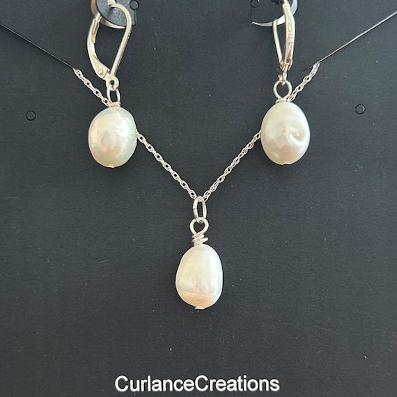 Baroque Pearl Sterling Silver Necklace and Earring Set