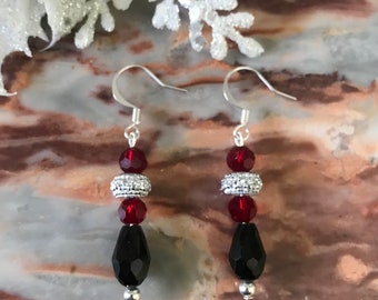 Brilliantly Black Burgundy  and Silver Dangle Earrings