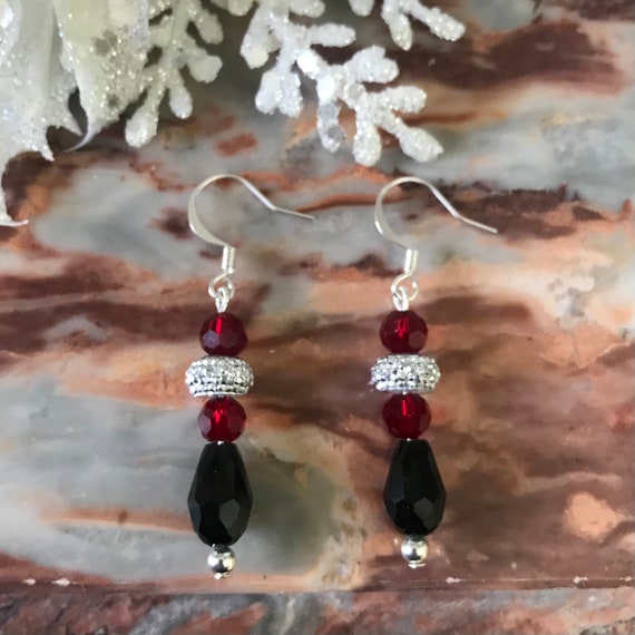 Brilliantly Black Burgundy  and Silver Dangle Earrings