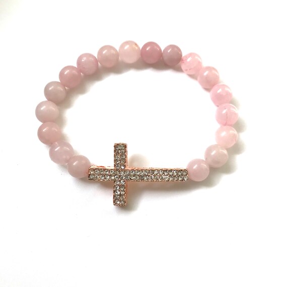 Rose Quartz Rhinestone Cross Bracelet