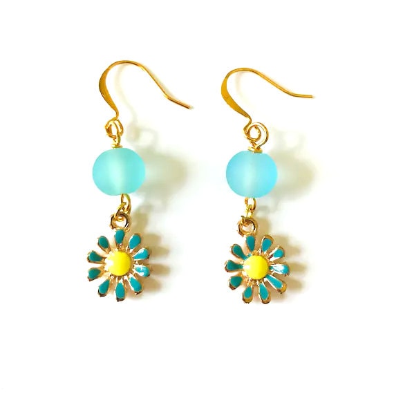 Daisy’s Enamel Aqua Blue Frosted Glass Dangle Earrings