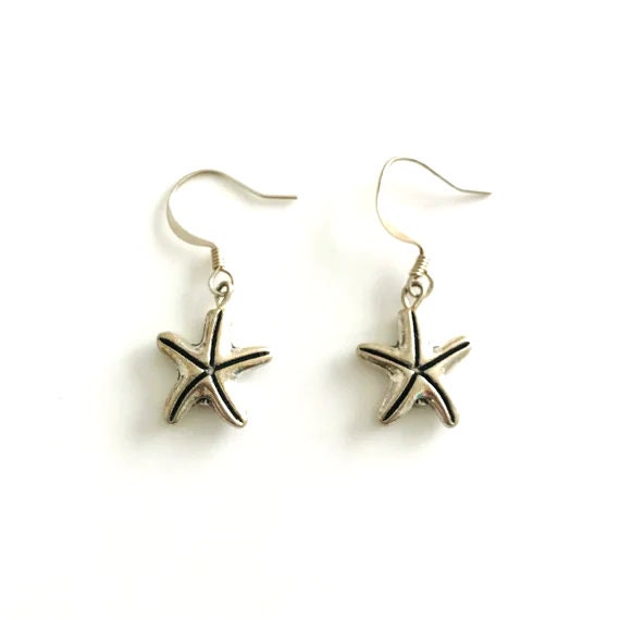 Silver Starfish by the Shore Dangle Earrings