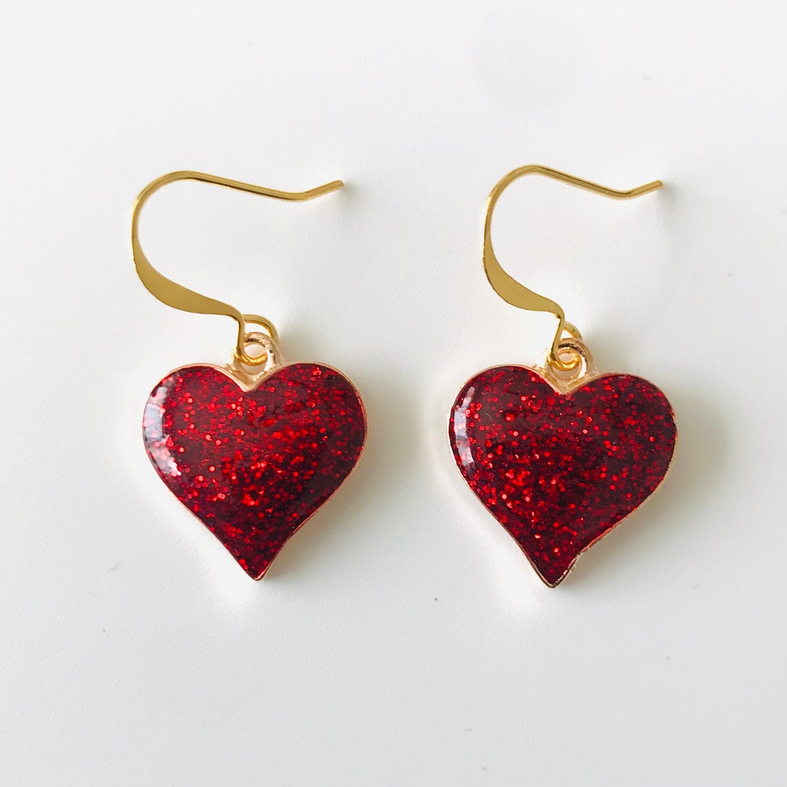 Red Glitter Heart Dangle Earrings Etsy New Zealand