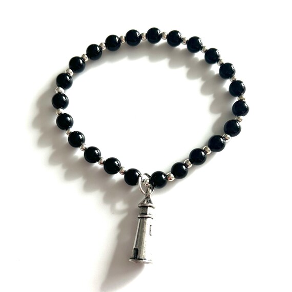 Black Jasper and Silver Lighthouse Bracelet
