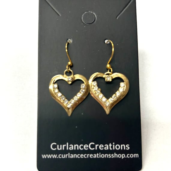 Gold Heart with Rhinestone Dangle Earrings
