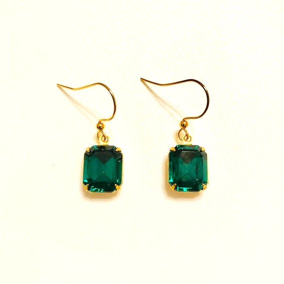 Emerald Green Octagon Faceted Glass Dangle Earrings