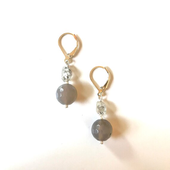 Gray Chalcedony and Herkimer Diamond Crystal Quartz Sterling Silver Dangle Earrings