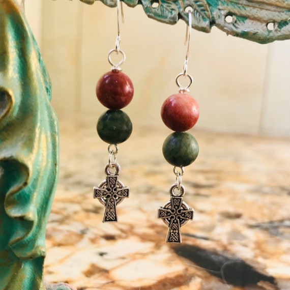 Irish Connemara Cork Marble Silver Celtic Cross Dangle Earrings