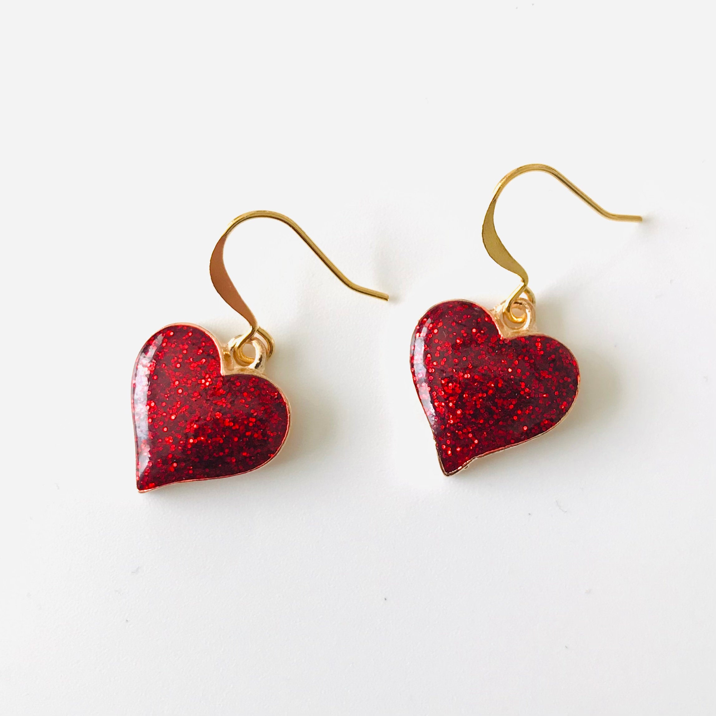 Red Glitter Heart Dangle Earrings - Etsy New Zealand