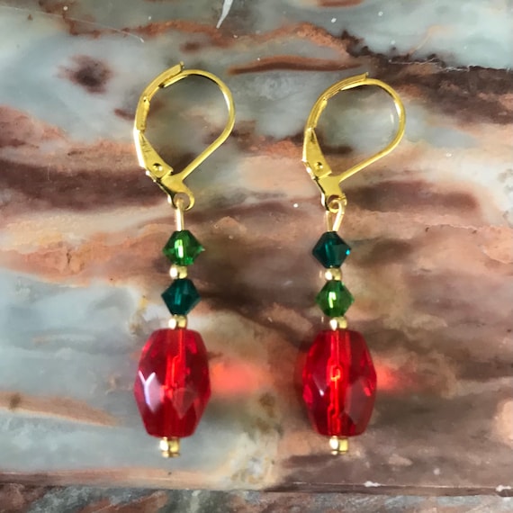 Red and Green Crystal Holiday Dangle Earrings