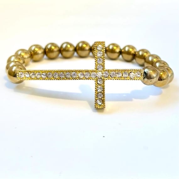 Gold Hematite Rhinestone Cross Bracelet