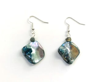 Mother of Pearl Shell and Quartz Dangle Earrings