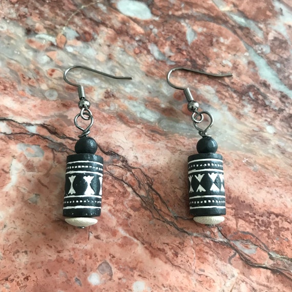 Black and White Ethnic Inspired Terra Cotta Drop earrings