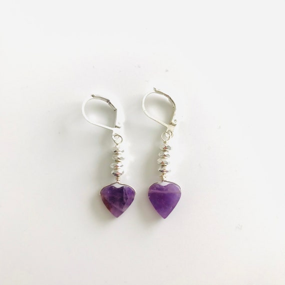 Amethyst Heart and Silver Hematite Dangle Earrings